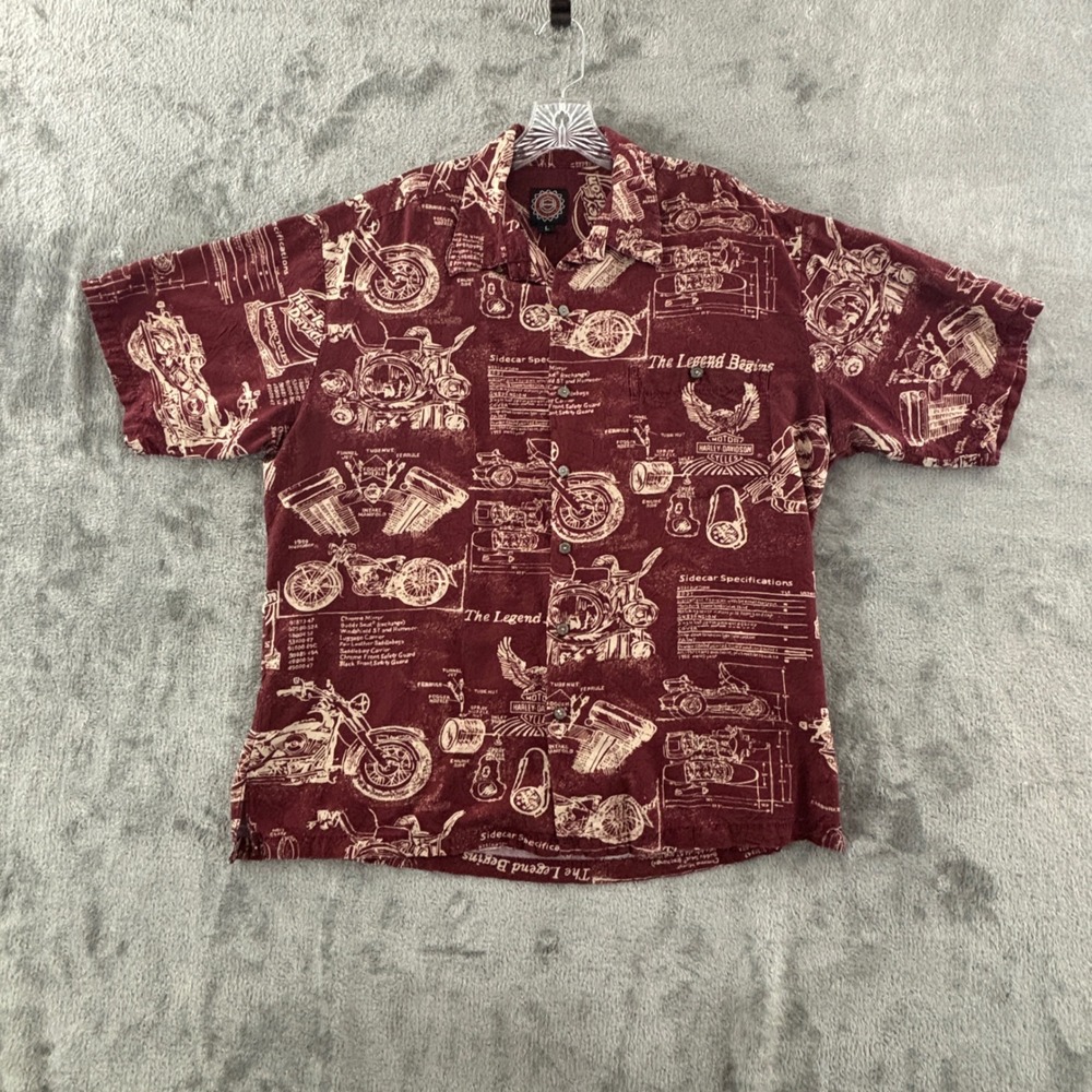 Harley Davidson The Legend Begins Motorcycle Print Hawaiian Shirt Mens L Maroon